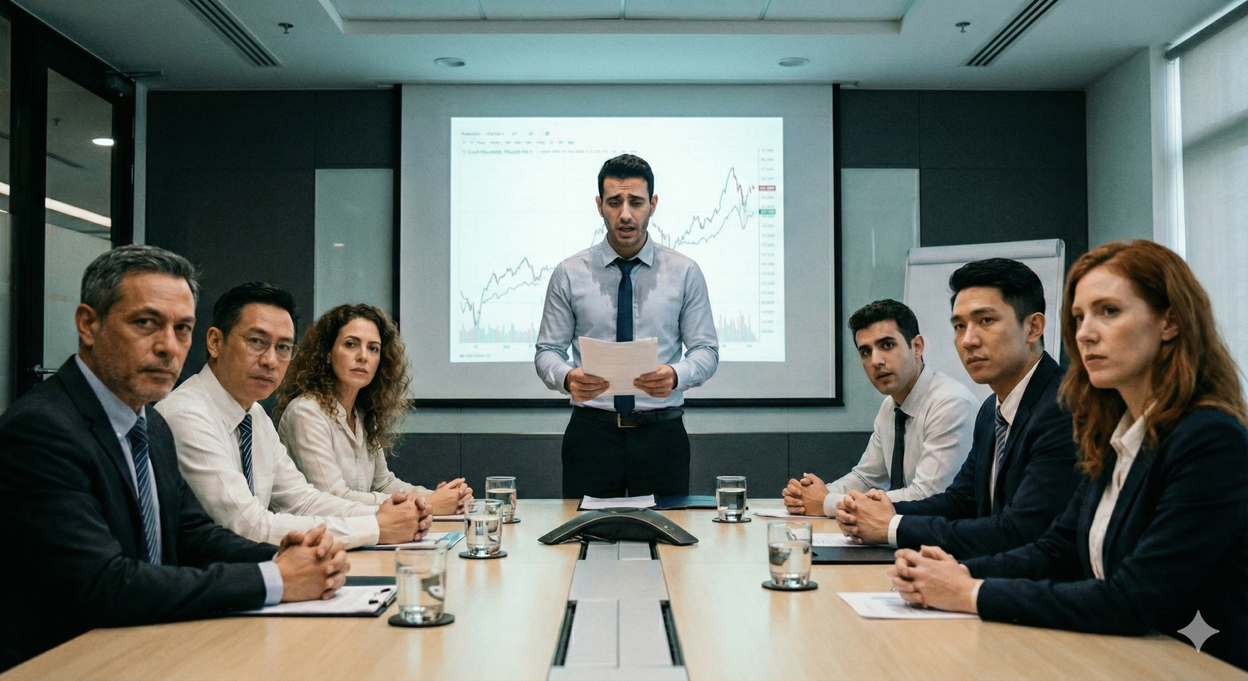 אדם לחוץ ומודאג לפני דיבור בישיבת הנהלה